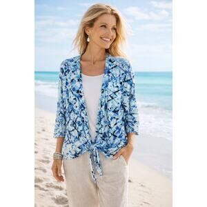 Chico’s Easywear Blue Tie Front Cardigan Size 3 XL Lightweight 3/4 Sleeve Wrap